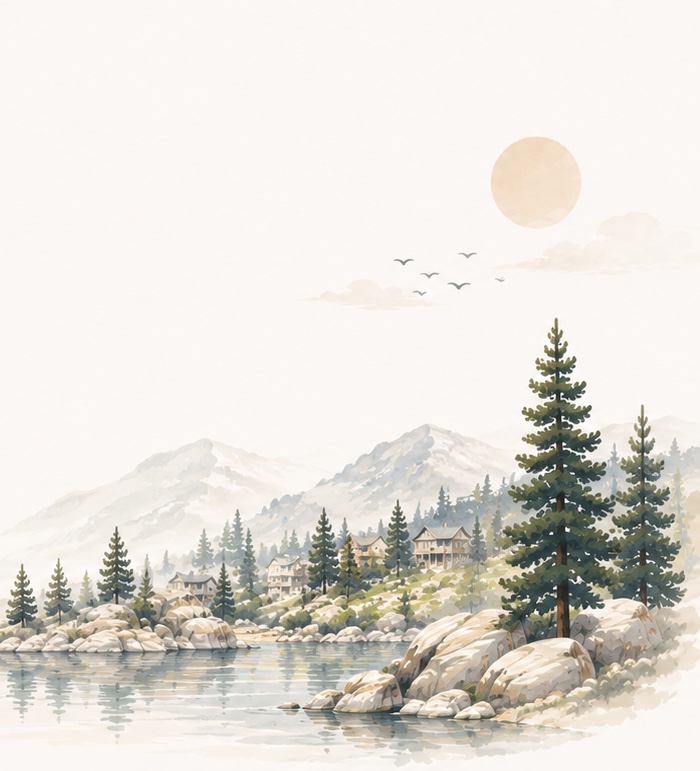 Watercolor illustration of Boulder Bay at Big Bear Lake, with pine trees, mountains, and the lake shoreline