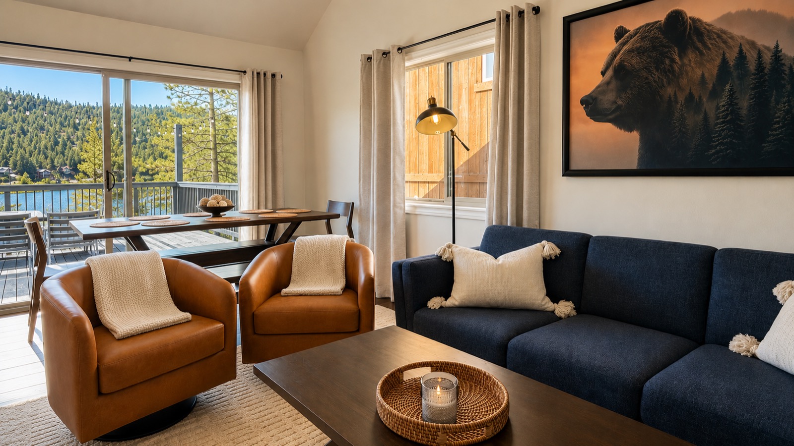 Living and dining area with lake view