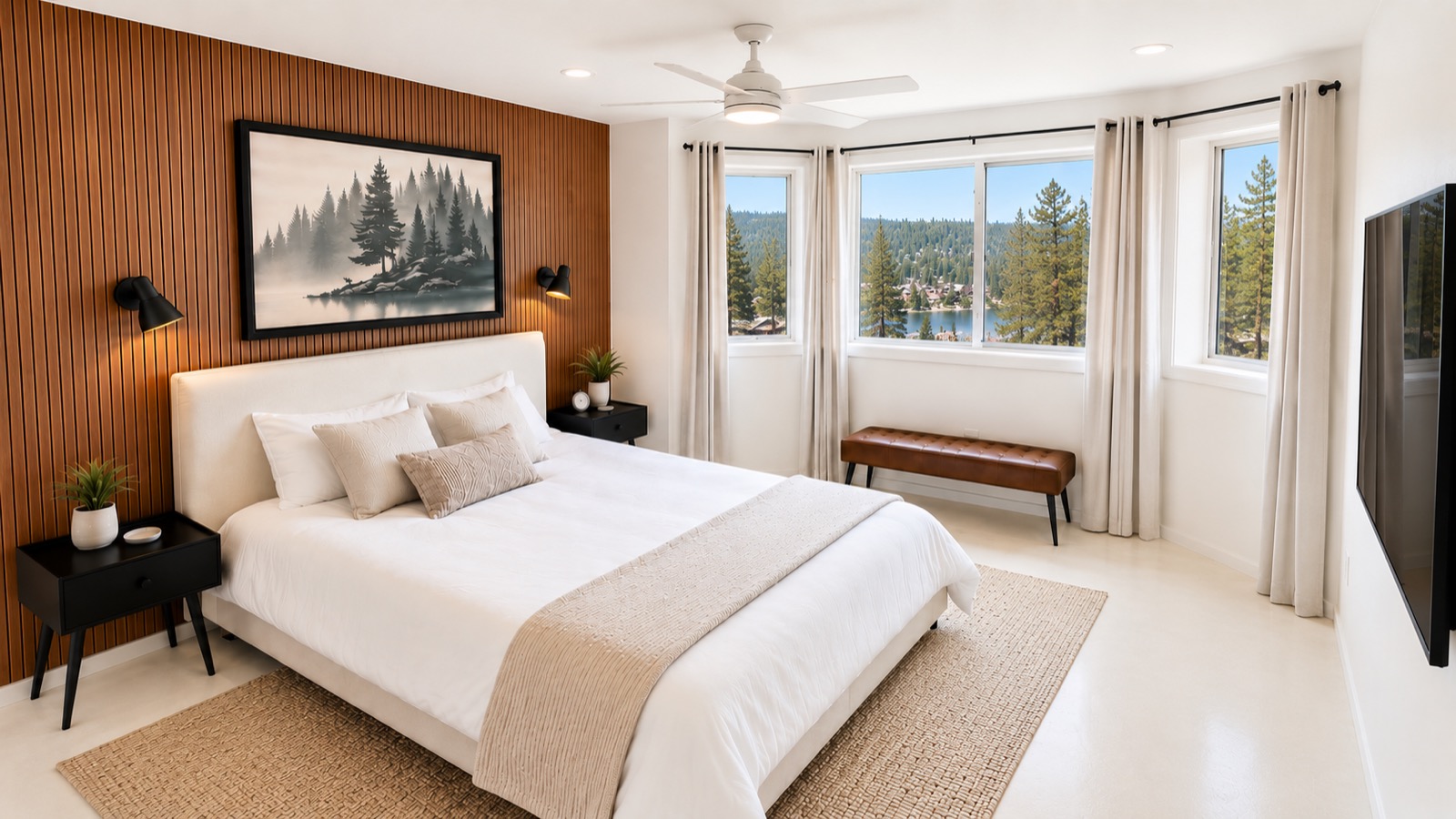 Primary bedroom with king bed and lake view windows
